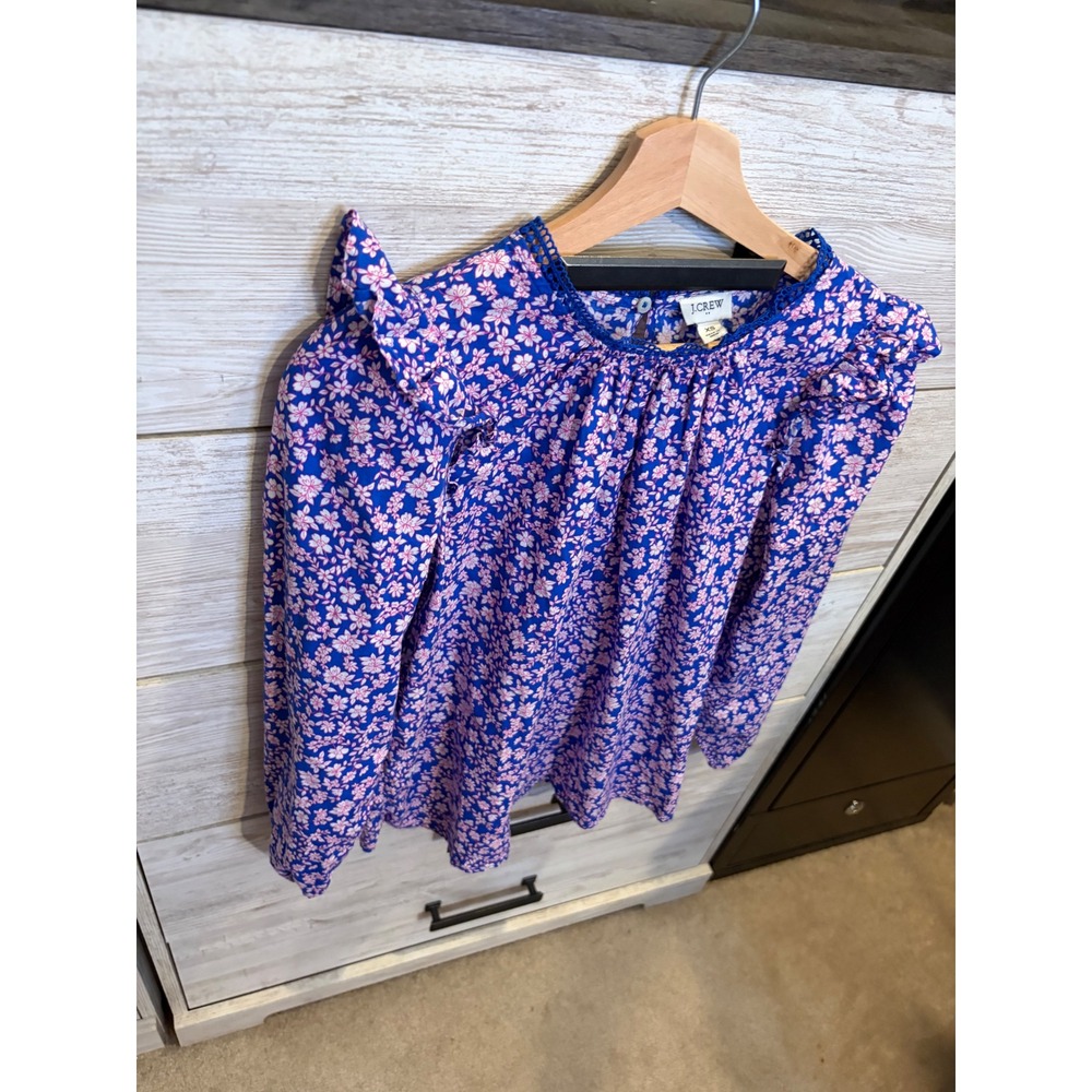J.Crew Womens Blue Pink Floral Ruffle Shoulder Lace Trim Blouse XS - Picture 5 of 6